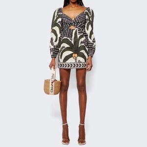Johanna Ortiz Tropical Linen Mini Dress in green white size 6